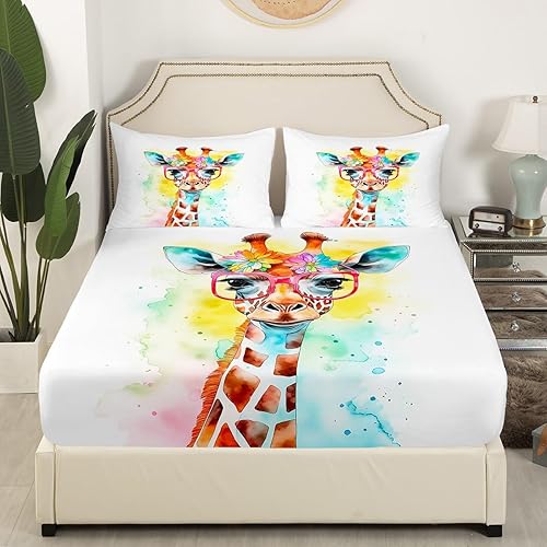 Miniatura 2 de Sábana bajera ajustable de jirafa de acuarela para niños, tamaño individual, juego de ropa de cama de animales de dibujos animados, decoración de