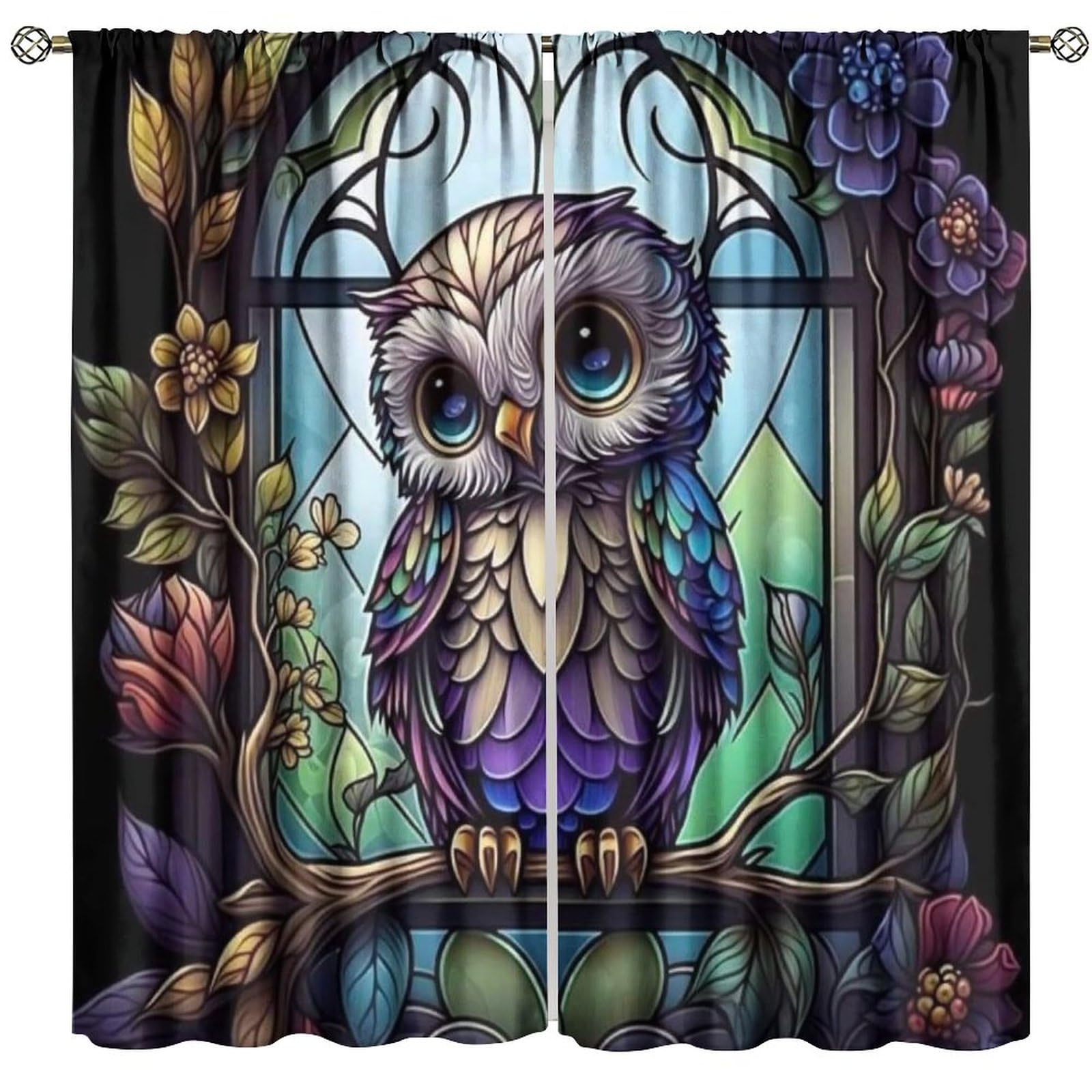 BenYaSong Funny Owl Blackout Window Curtain Owl Stained Glass Mushroom Spring for Home Kitchen Restaurant Decoration Window Curtain 2Panel 52" W X 84" L
