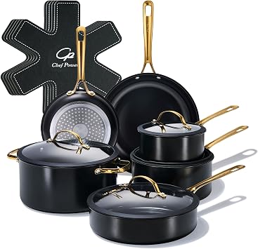 Chef Power Ceramic Cookware Sets, 15Pcs Pots and Pans Set Non Stick, Cookware Set with Stainless Steel Handle, Dishwasher & Oven Safe, Stone Black and Light Gold Handle
