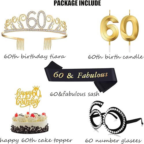 Miniatura 2 de Regalos de cumpleaños número 60 para mujeres, tiara, banda, adorno para pastel, vela y vasos para decoración de fiesta de cumpleaños 60, 5 unidades