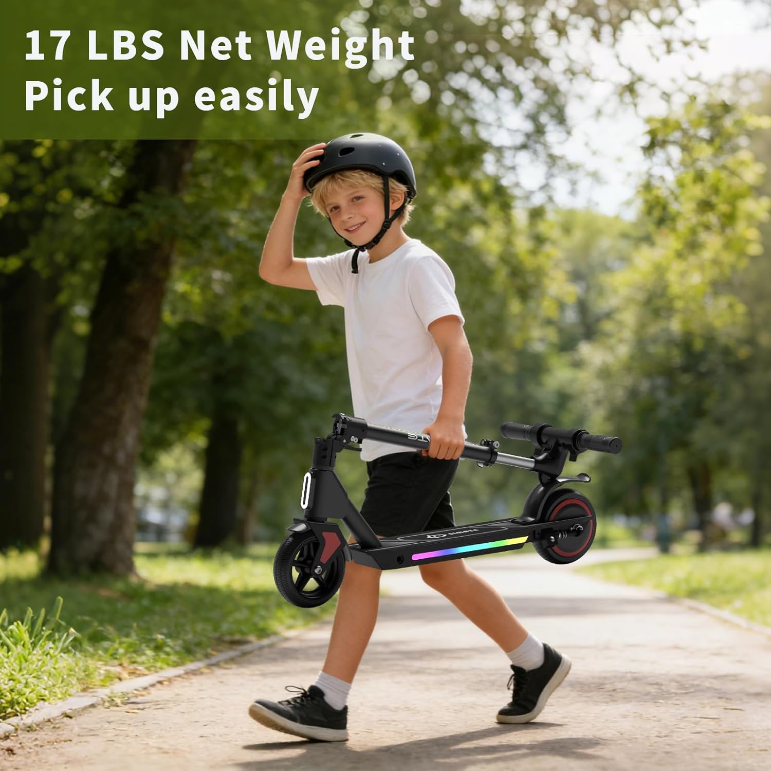 A child easily carrying a folded SIMATE electric scooter, demonstrating its lightweight and portable design.