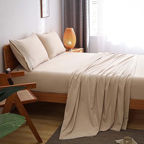 Bondiance Bed Sheet Set - 4 Piece Twin Bedding Set, Brushed Microfiber 1800 Thread Count Sheets - Super Soft Breathable & Cooling Twin Bed Set - 15-Inch Deep Pocket Twin Sheet Set（Twin, Beige）
