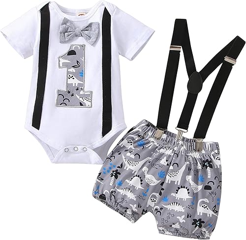 Miniatura 1 de Conjunto de 3 piezas para bebé niño con estampado de pastel de dinosaurio para primer cumpleaños, caballero con corbatín y tirantes y pantalones
