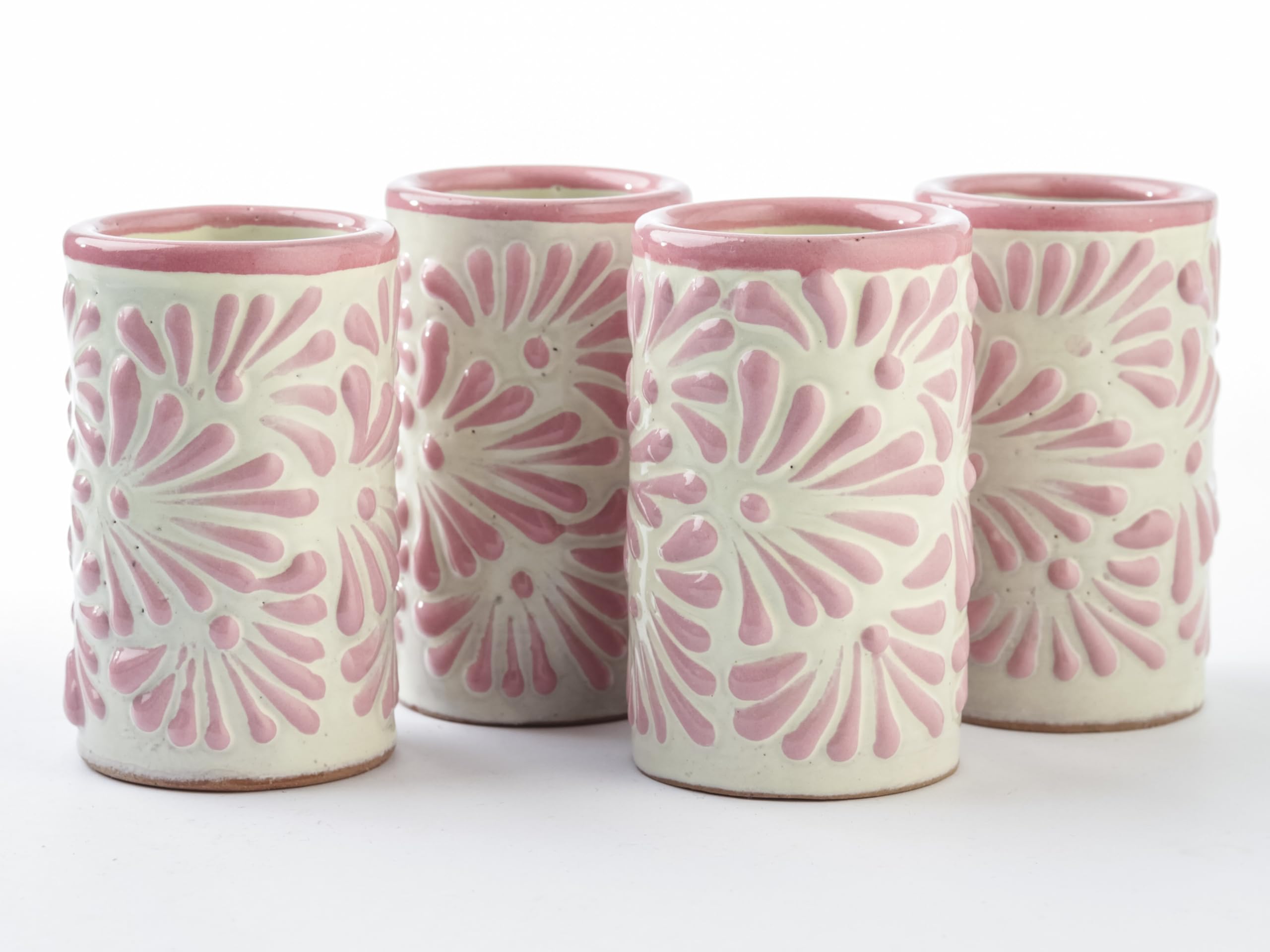 Talavera Shot Glasses Set of 4 Authentic Mexican Tequila Shot Glasses - Hand-painted - 2 Oz (Pink Brushstroke White Background)