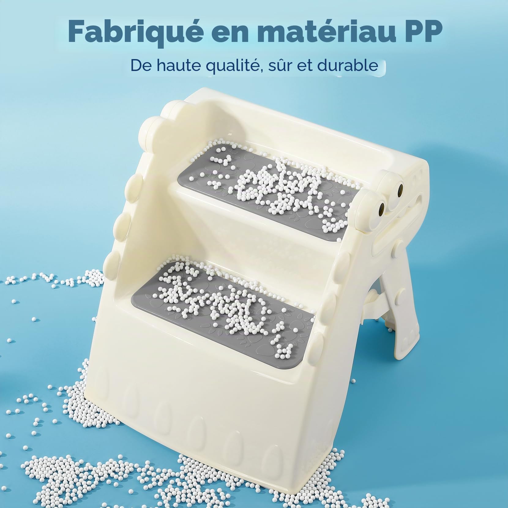 Marchepied Pliable pour Enfant, 2 marches, Antidérapant, Anti-basculement, Marche Enfant pour Salle de Bain et Cuisine (Crème)