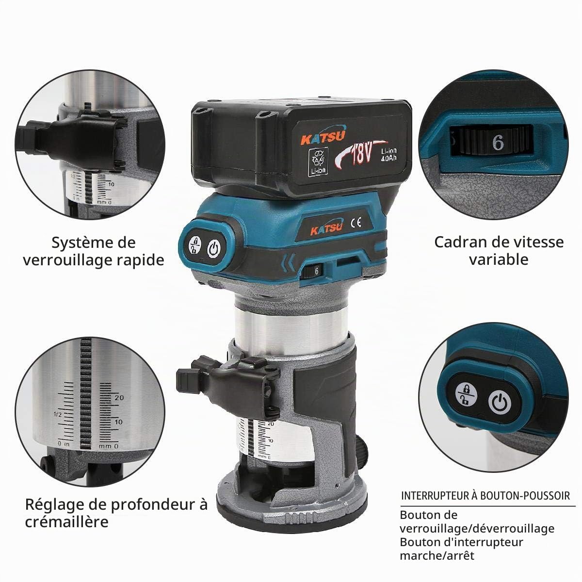 KATSU Ensemble d'Affleureuse à Bois Défonceuse sans Fil 18V avec 3 Bases + 3 Pinces de 6 mm, 8 mm et 10 mm + Batterie 4,0 Ah et Chargeur