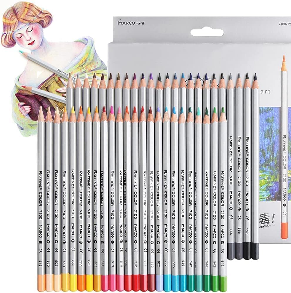 Colored Pencils Set Marco Raffine 36 Colors in Cardboard (7100-36CB), 2B Hardness, 3.2mm Core; Professional Drawing Supplies for Adults, Artists; Coloring Oil Pencil for Art, Sketching, Drawing…