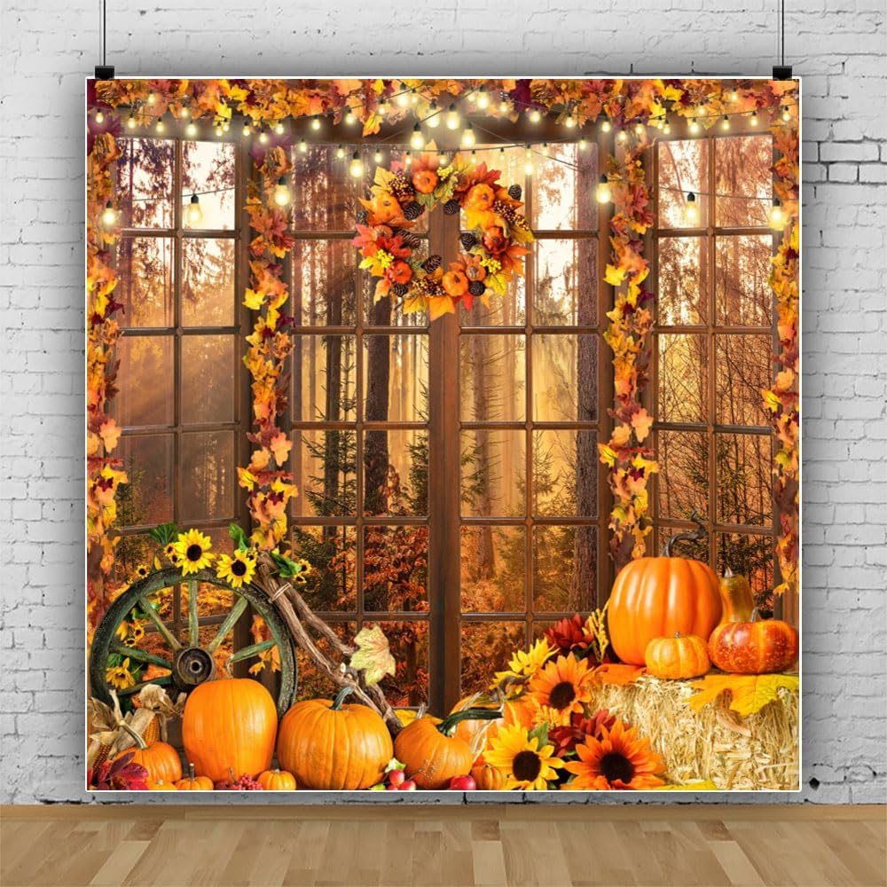 8x8ft Fall Window Photo Backdrop Autumn Forest Scenery Maple Leaves Pumpkin Harvest Photography Background Fall Theme Thanksgiving Day Party Decorations Banner Birthday Baby Shower Decor