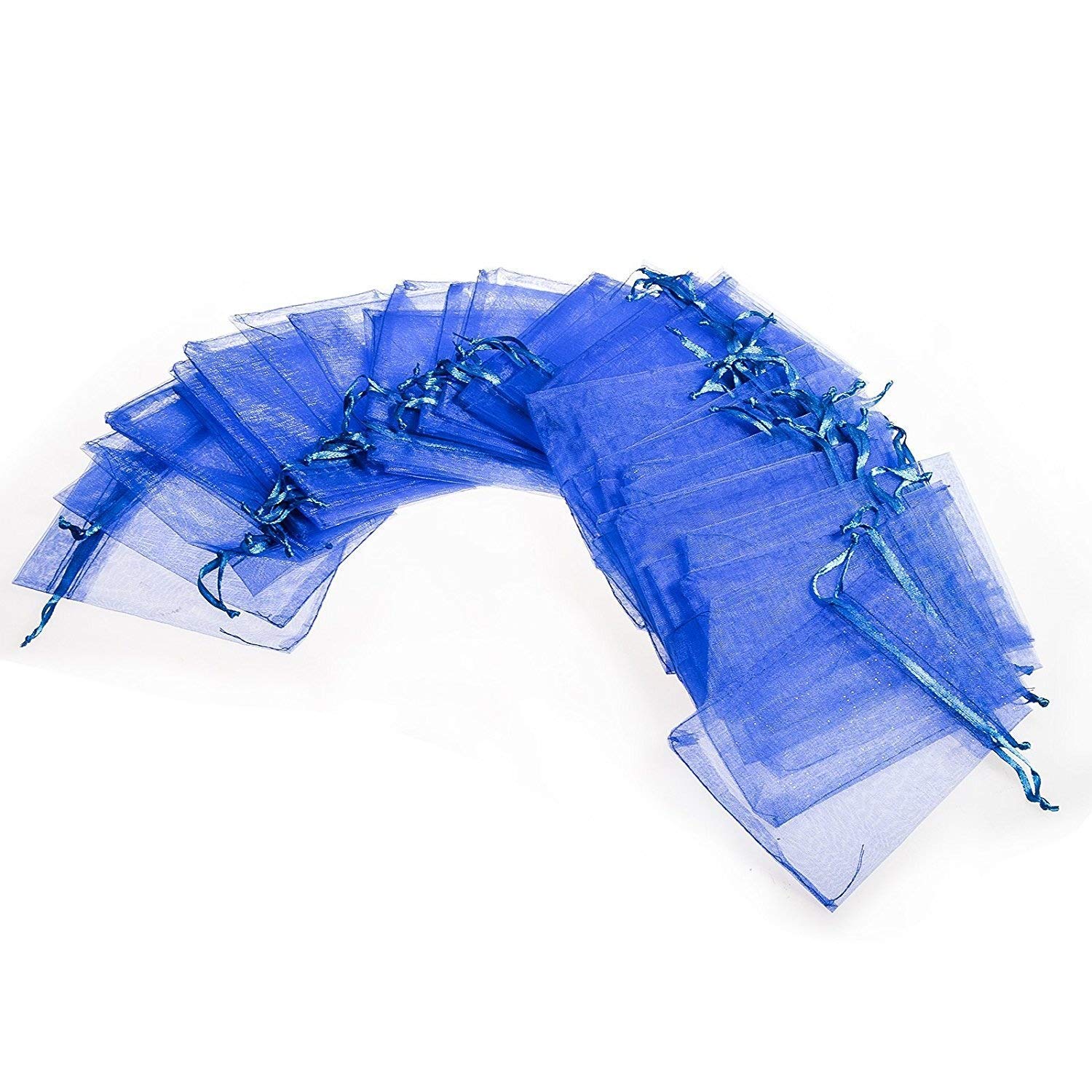 JZK 50 PCS 12 x 9 cm kleine blauwe organza zakjes voor snoep, sieradenzakjes, cadeauzakjes met trekkoord, voor bruiloft, verjaardag, doop, feest, babyshower