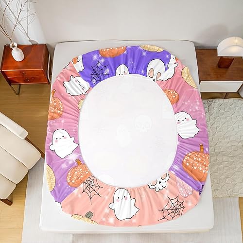 Miniatura 6 de Bonita sábana bajera de fantasma, tamaño individual, para niños, para Halloween, para niñas, niños, caricatura, calabaza, farol, telaraña, calavera,