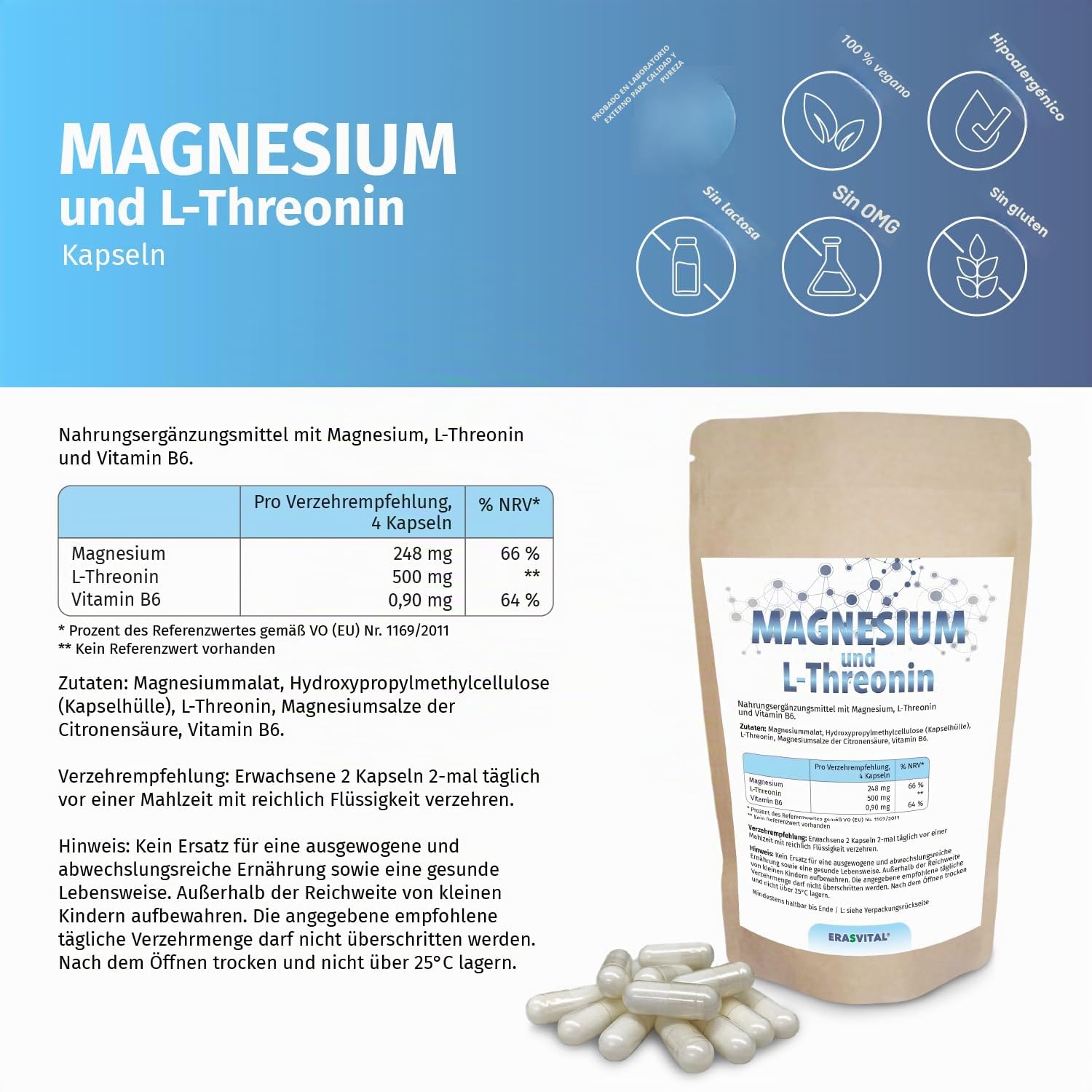 Magnesio L-Treonina 720 cápsulas Suministro para 1 mes: contribuye a la producción de energía a nivel celular y favorece la función muscular y nerviosa Vegan