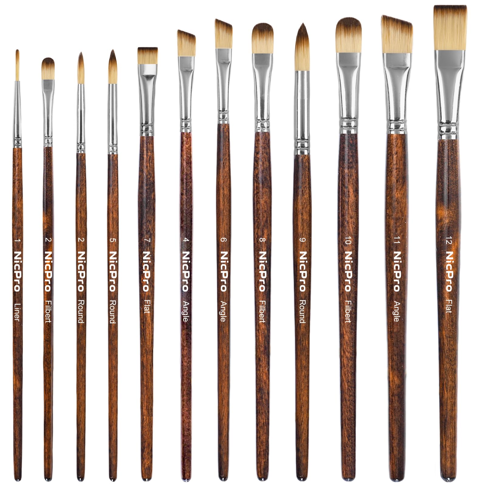Nicpro 12PCS Artist Paint Brush Set, Craft Paint Brushes for Acrylic Painting, Oil, Watercolour, Gouache, Tempera, Face, Body, Fabric, Model, Art Supplies Paintbrushes for Artists Beginners (Wood)