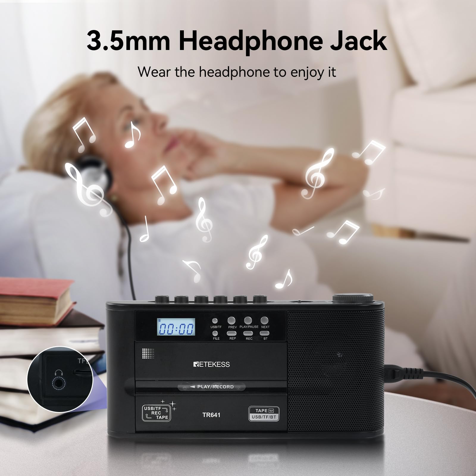 Retekess TR641 Lettore di Cassette Radio Portatile FM AM USB TF Wireless