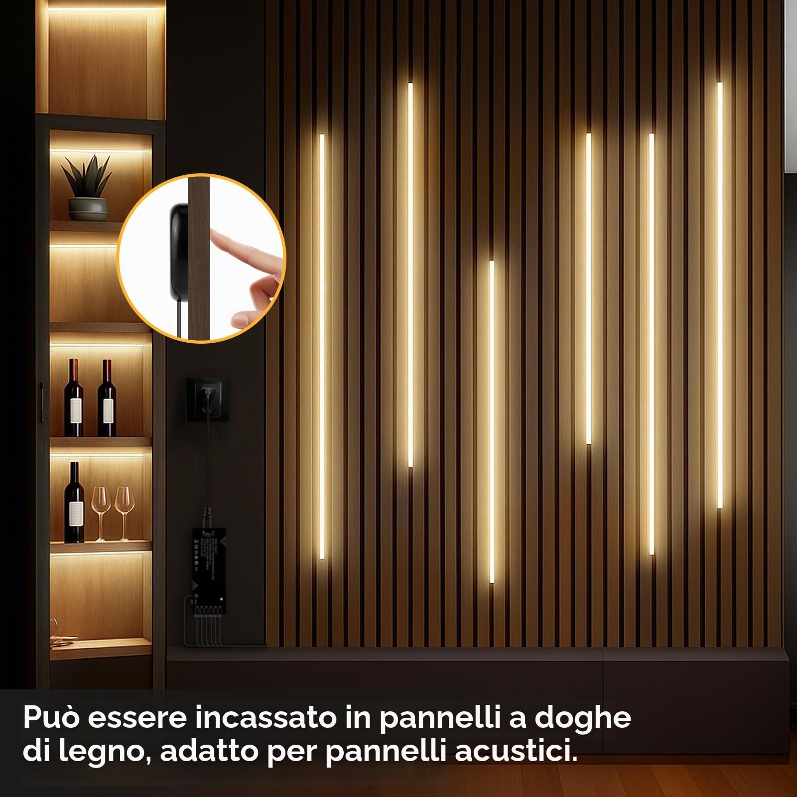 lampada da armadio nera striscia LED COB | 6 pezzi dimmeraggio touch adatto per vetrine scaffali vino e illuminazione pareti di sfondo (luce bianca naturale,3m)