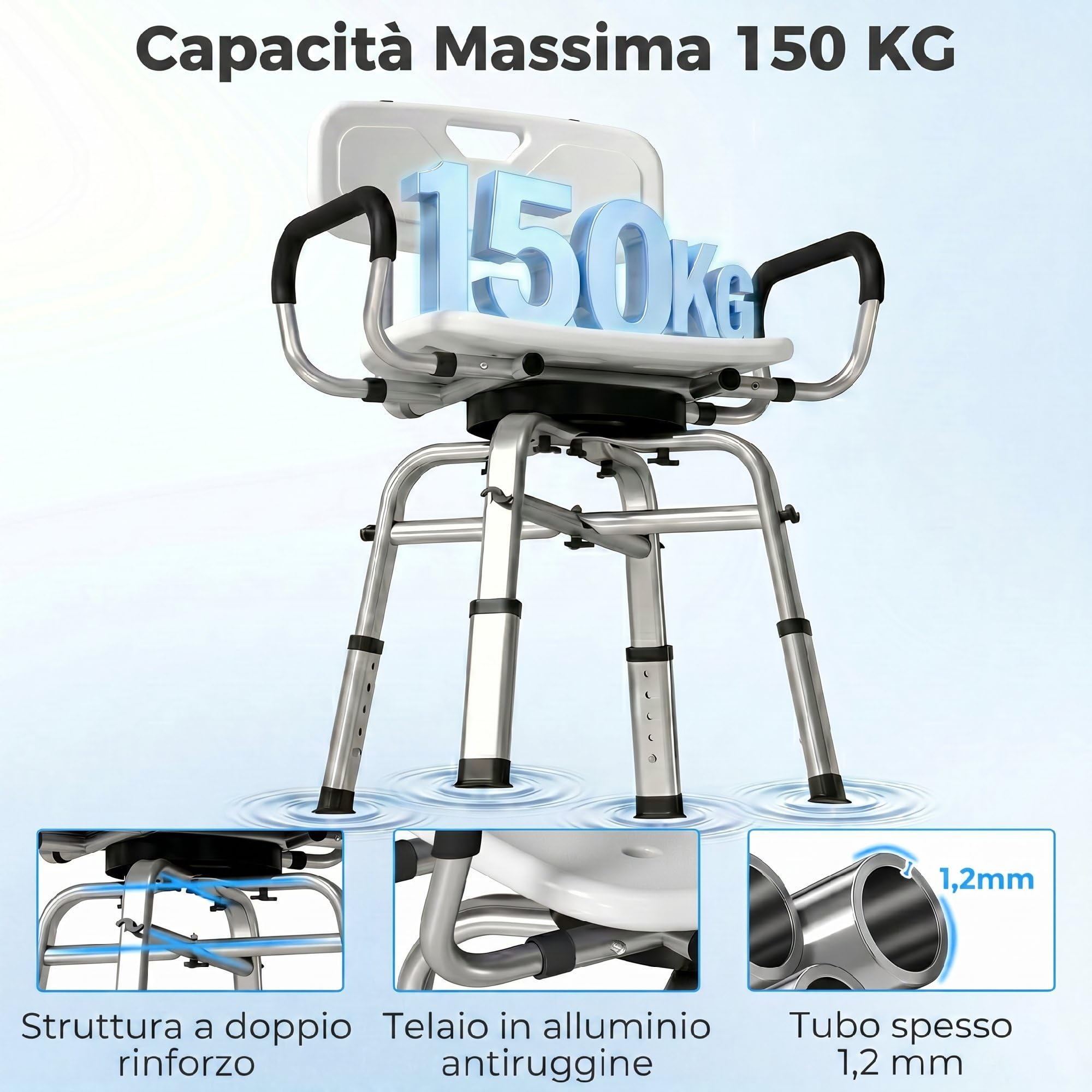 HOMCOM Sedia da Doccia Girevole 360° con Braccioli Estraibili e Schienale, Sgabello Doccia 6 Altezza Regolabile, Antiscivolo, in Lega di Alluminio, Portata 150kg, per Anziani e Disabili, Bianco