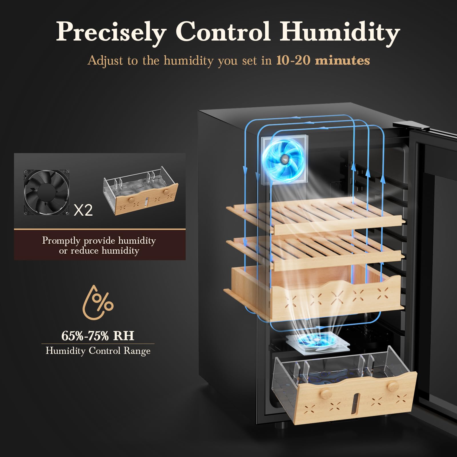Lioncho 65l Intelligent Temperature & Humidity Adjustable Electronic Cabinet Lockable (500 Counts Capacity), Digital Lcd Display, Spanish Cedar Wood Drawer on Fridge.com - View 3
