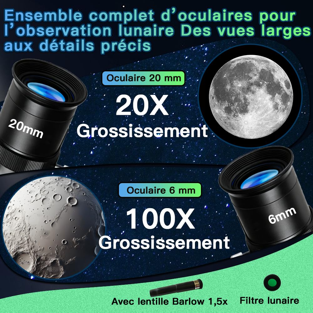Télescope pour Enfants 50mm 100x Magnification Débutant Argent Telescopio avec Trépied, 2 Oculaires, Lunette de Visée, Ensemble Éducatif STEM pour l'Astronomie - Cadeau de Noël pour Garçons & Filles