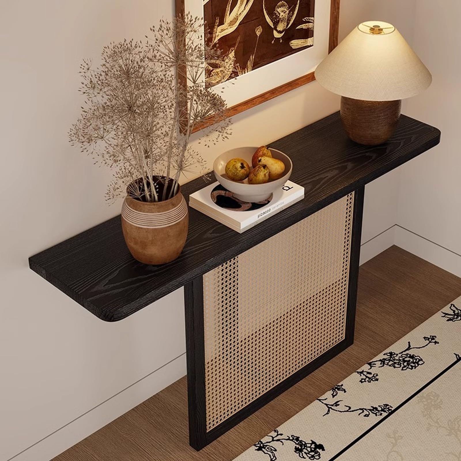 Console de Style campagnard en Bois Massif, Table d'entrée étroite et Longue, Table de Salon/Couloir/Hall d'entrée de Style bohème en rotin tressé, 99 cm (39 Pouces).