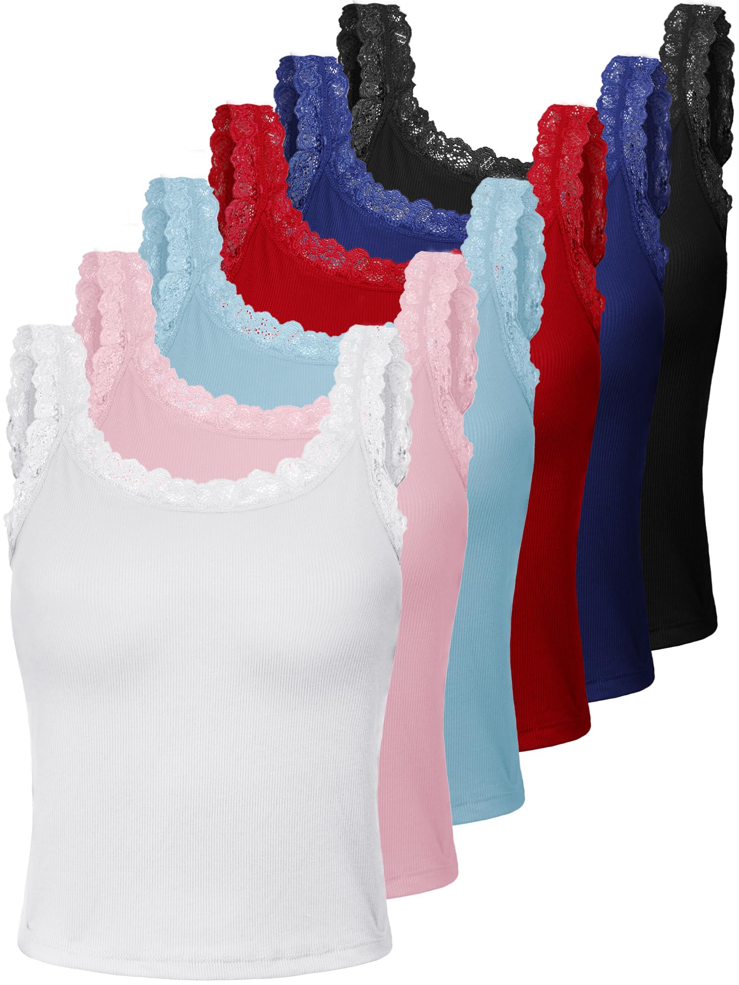 Hicarer 6 Pieces Lace Camisole Tank Tops Lace Trim Camisole Straps Womens Cami Undershirt Ribbed Tank Tops for Women