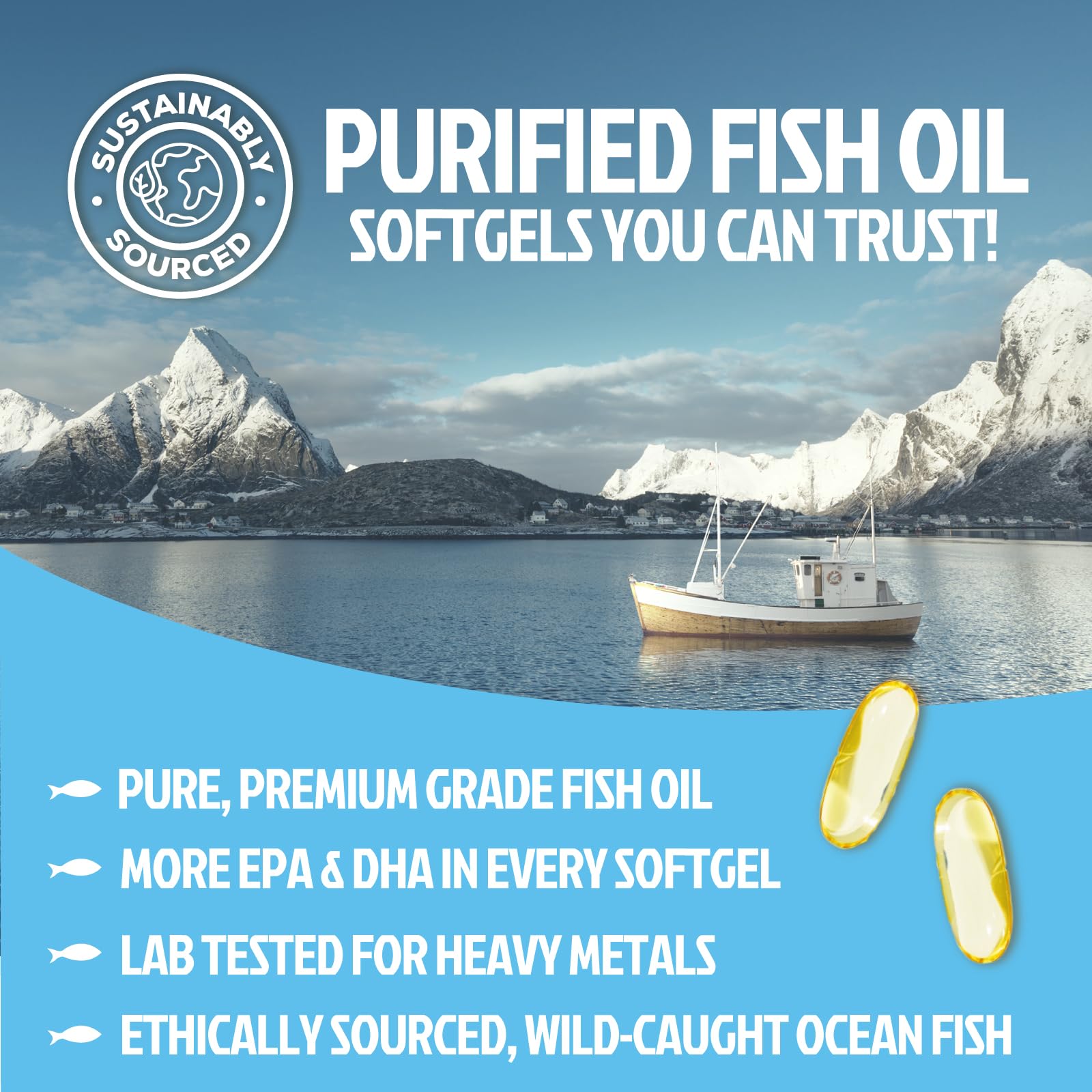 Omega 3 Fish Oil 2400mg - Triple Strength Daily Omega-3 Supplement with EPA & DHA - Natural Heart, Brain & Immune Support - Wild Caught Omega3 Fatty Acids - Gluten Free & Bottled in USA - 180 Softgels — Amazon image 5