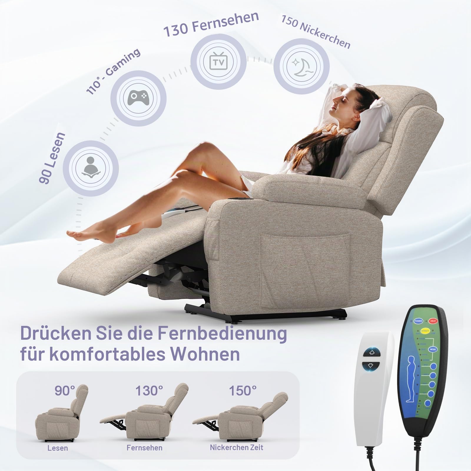 Relaxsessel Fernsehsessel Elektrisch Verstellbar Massagesessel mit Wärmefunktion Liegefunktion,2 Getränkehalter,4 Seitentaschen, TYP C & USB-Anschlüsse, TV Sessel für Fußteil, Wohnzimmer