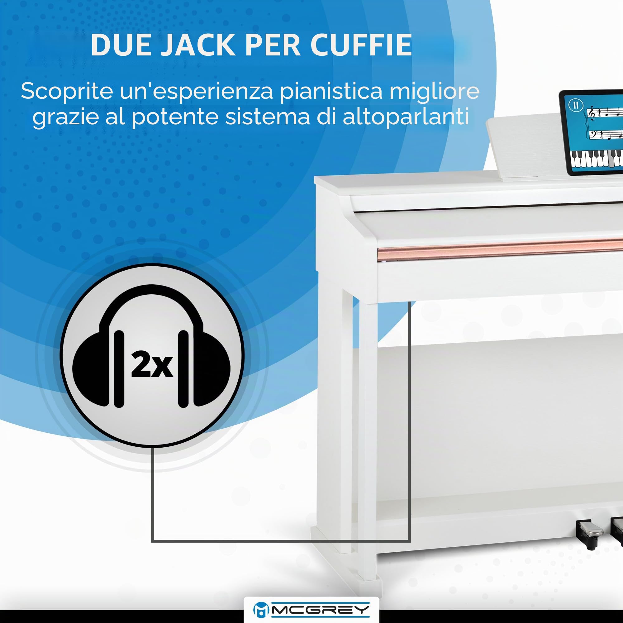 McGrey DP-19 WM Set E-Piano - 88 tasti pesati con meccanica a martello e dinamica di tocco - 8 suoni - copritastiera - incl. panca da pianoforte, cuffie e scuola di pianoforte - Bianco opaco