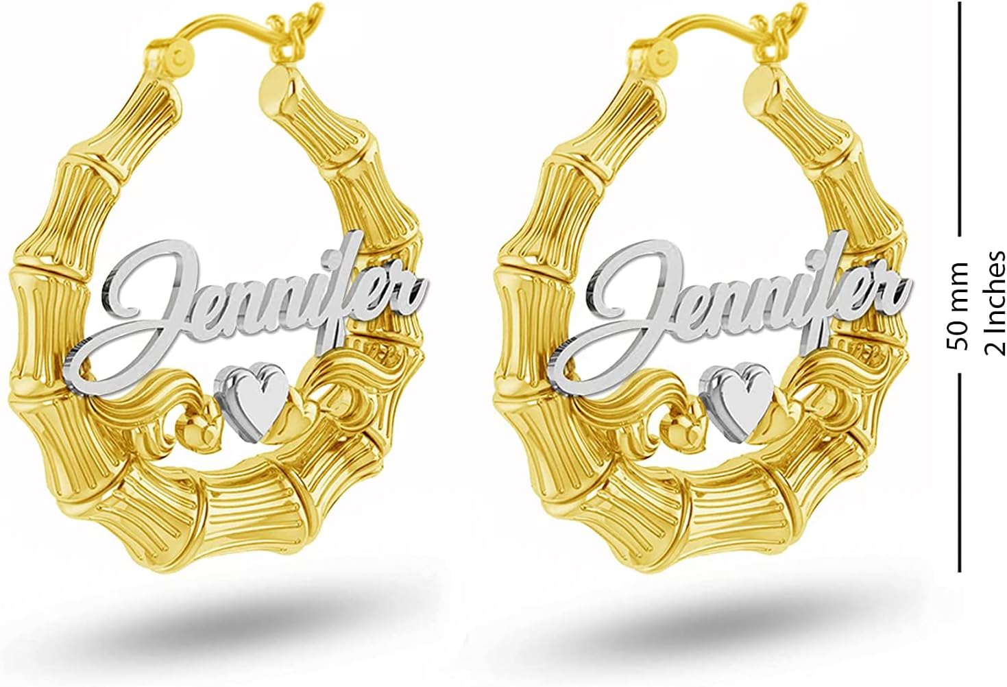 LeCalla Bamboo Hoop Earrings with Customized Name with Heart Personalized Sterling Silver Two Tone Bamboo Name Earrings 50mm for Women