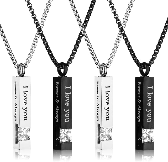 Vergissmeinnicht 4Pcs Urn Necklaces for Ashes Black Silver Cremation Urn Pendant Stainless Steel Memorial Cremation Necklace Forever & Always Keepsake Jewelry with Cubic Zirconia