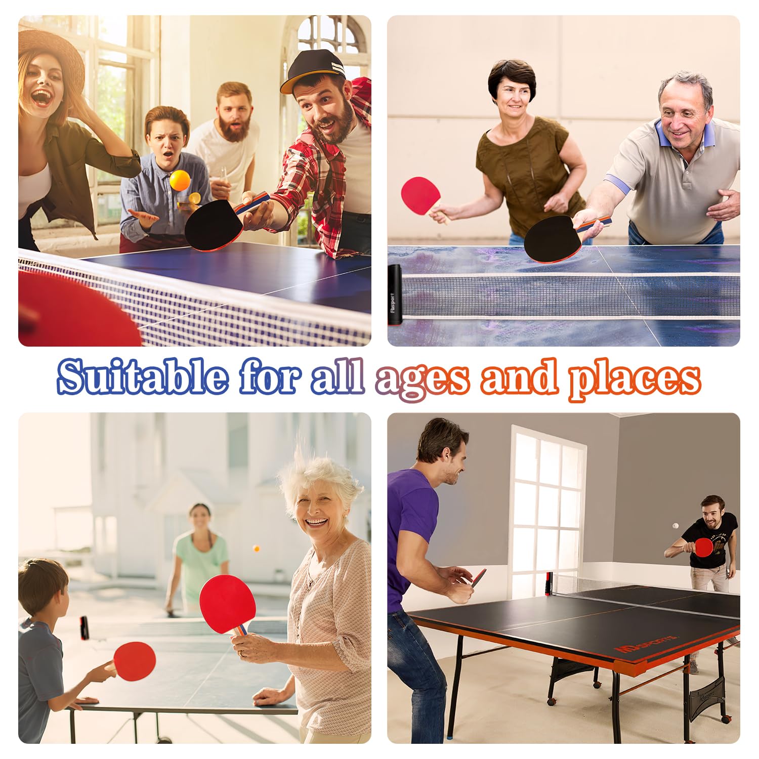 Set Ping Pong avec 4 Raquettes, Rétractable Filet Ping Pong pour Table, 8 Balles et 1 Sac de Transport, Tennis de Table Set pour Intérieur Extérieur Enfants Adultes
