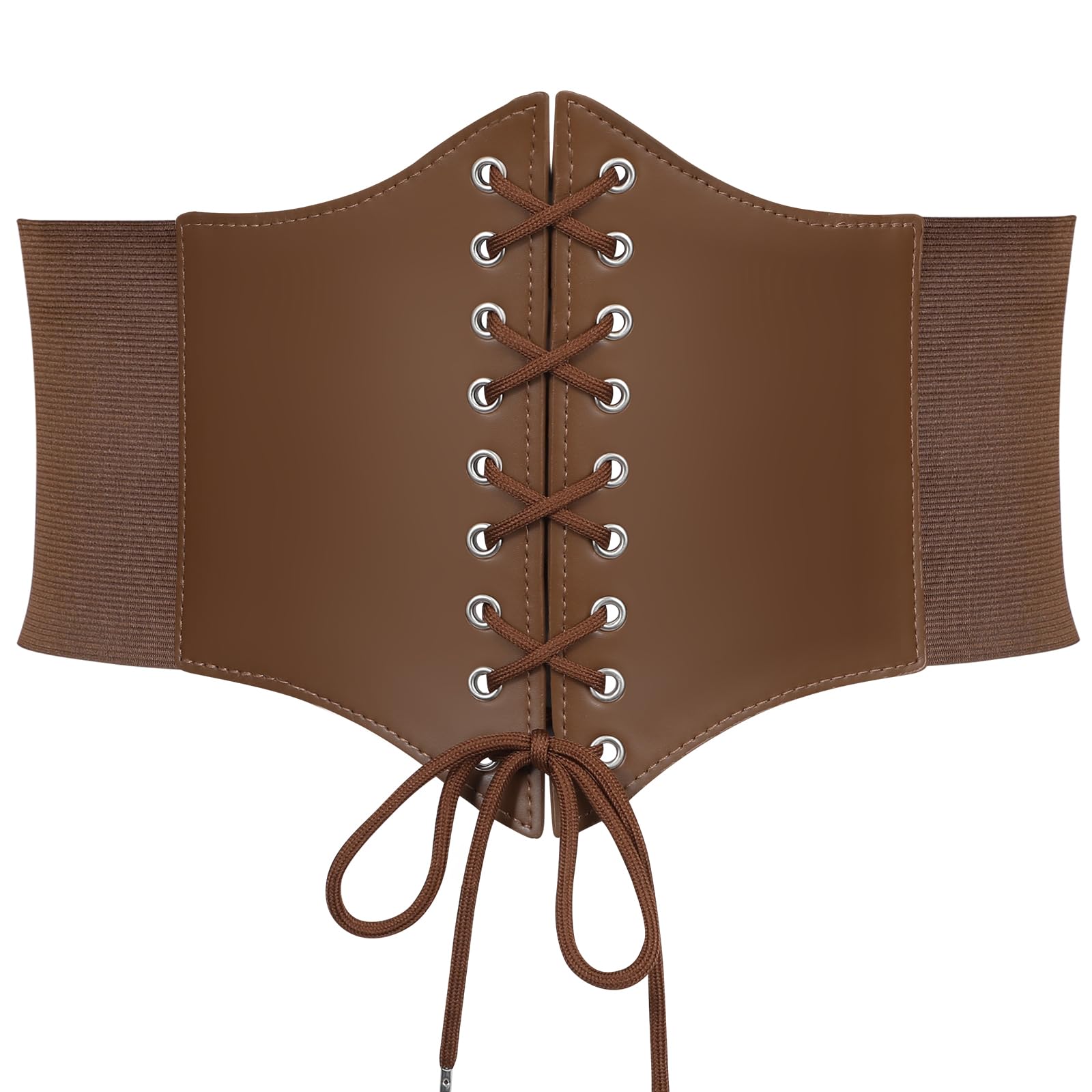 WERFORU Women's Elastic Corset Belt Retro Wide Stretchy Tied Waspie Lace up Waist Belt, Light Coffee, Fits waist size 48"-52"