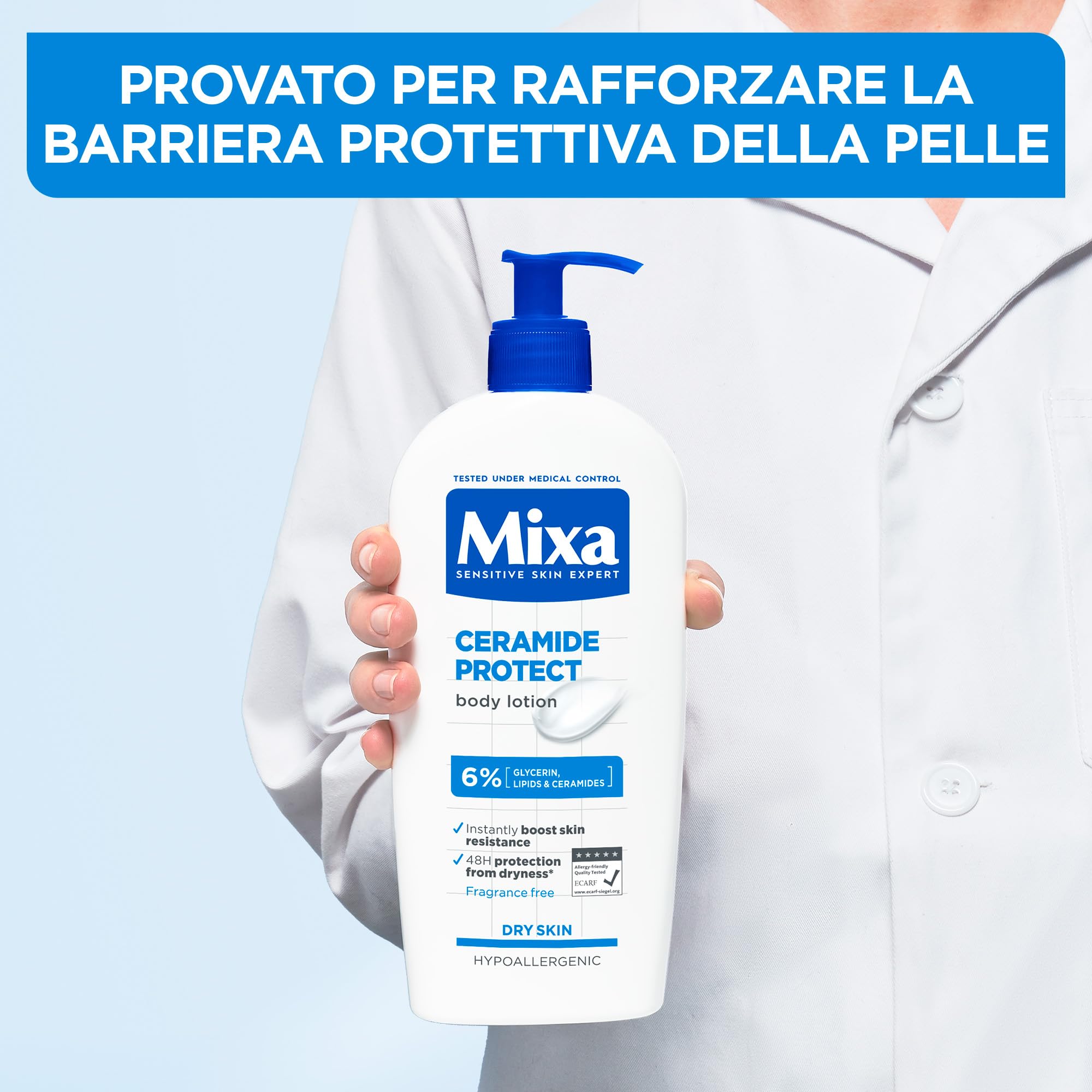Mixa Lozione Corpo Idratante Rinforzante, Per Pelli Sensibili e Molto Secche, Pelle Protetta da Secchezza per 48H, Con il 6% di Ceramidi, Glicerina e Lipidi, Senza Profumo, Ceramide Protect, 250 ml