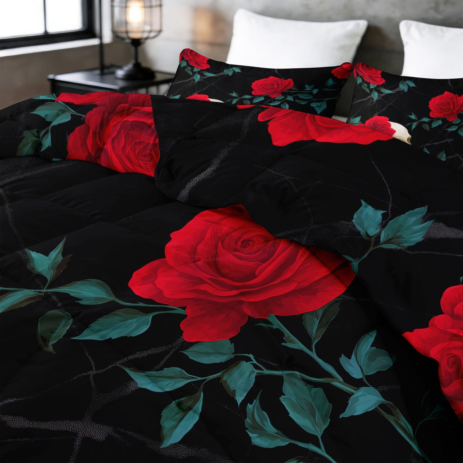 Générique Trapunta 200 x 200 cm reversibile nero elegante teschio fiori stampati 4 stagioni per letto matrimoniale - Piumino reversibile Edredon senza fodera leggero caldo