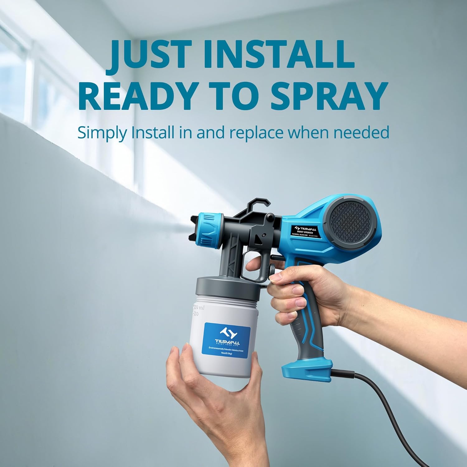 TILSWALL All-in-One Water-based Paint for Furniture, Wood Cabinet - No Sanding or Priming, Water-Based & Low Odor, Ready to Spray No Dilution - Covers 64-96 sf with Paint Sprayer, White Pint 16 oz