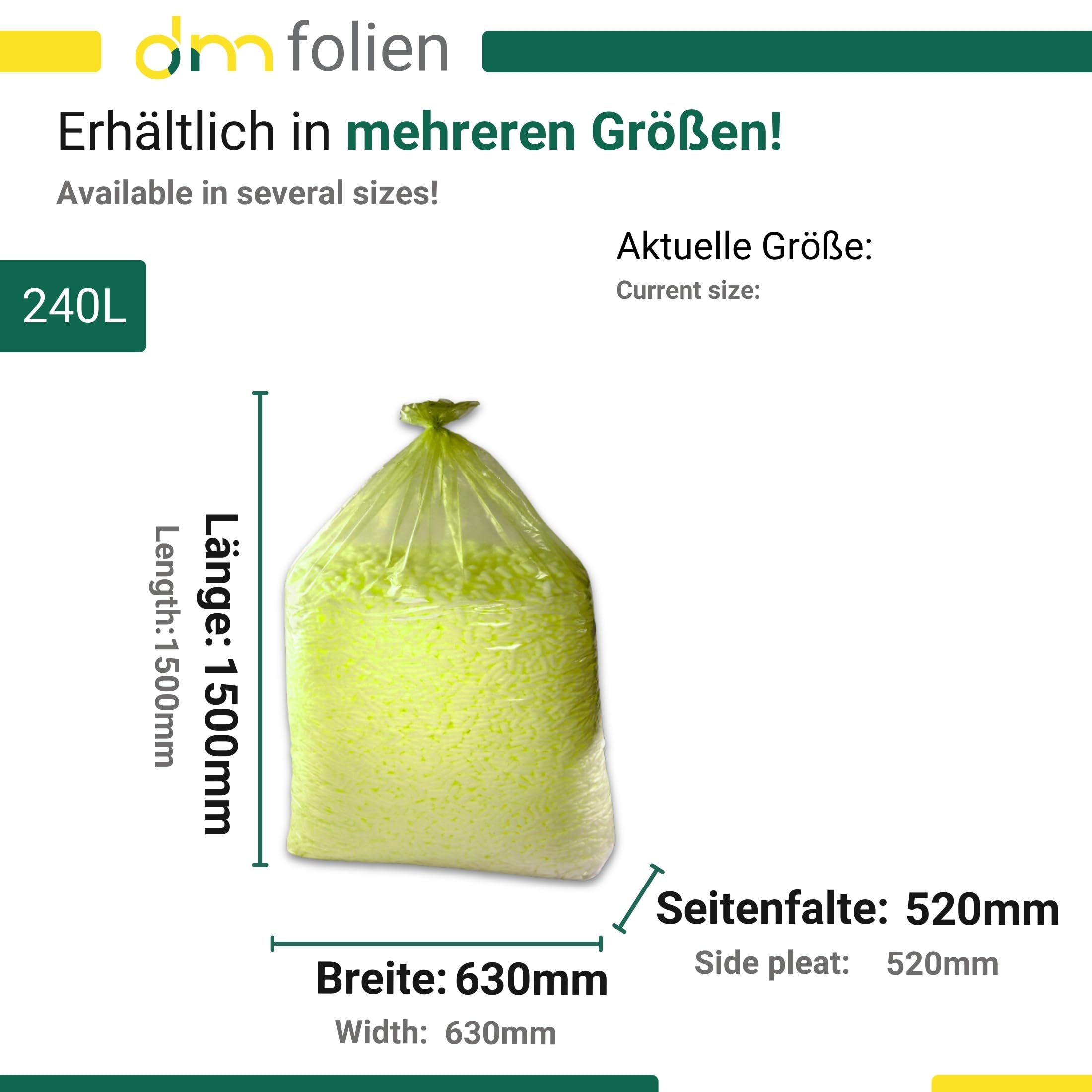 dm-folien Gelbe Müllsäcke 240 Liter I 200 Stück I 630 x 520 x 1500 mm I Große Abfallbeutel für Entsorgung von Styropor & Folienabfälle I Reißfeste Müllbeutel mit Seitenfalte I Foliensäcke 24 my