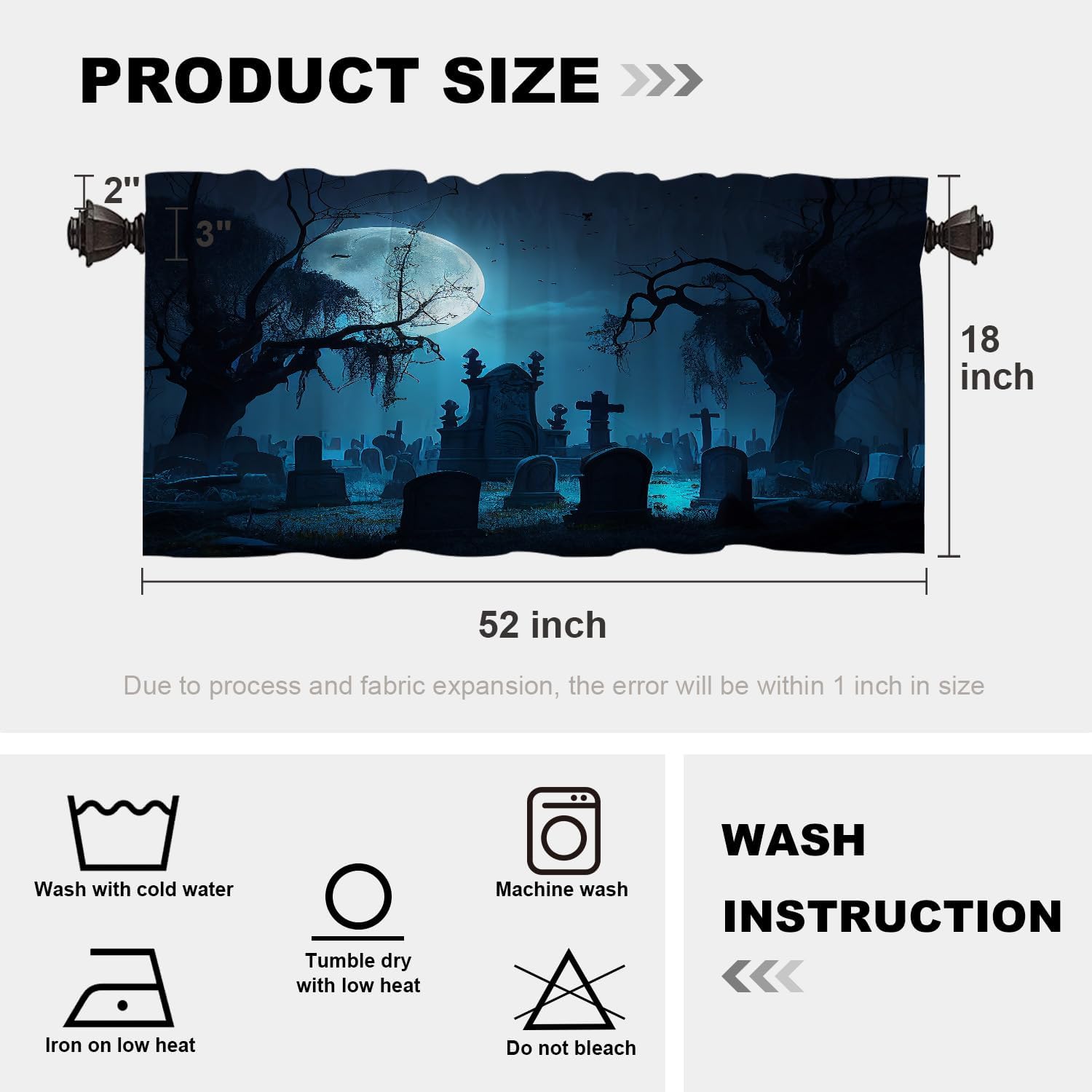 Batmerry Happy Halloween Funny Valance Curtains, Moon Grave Tree Night Window Treatment Kitchen Valances Multilayer Polyester Blackout for Living Room/Bathroom, 2 Pack 52x18 inches
