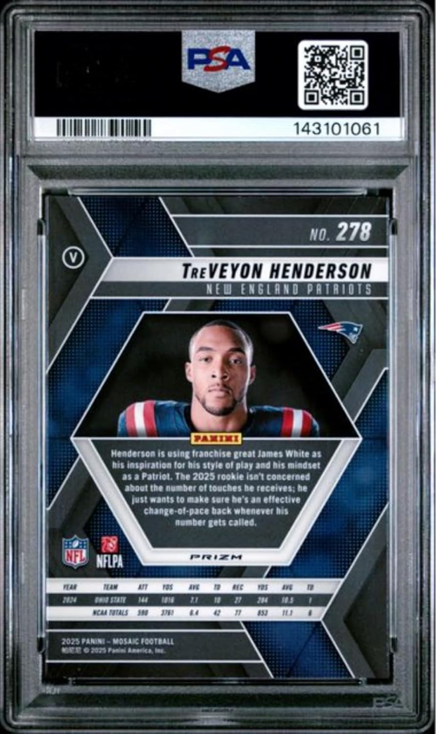 Graded 2025 Panini Mosaic TreVeyon Henderson #278 Red Camo Rookie RC Football Card PSA 10 Gem Mint
