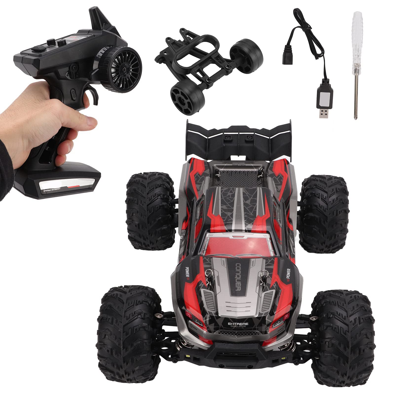 VGEBY 1/16 Remote Control Car, 38 Km/H RC Fuoristrada Crawler 2.4G 4WD RC Crawler in Scala Reale con Luce a LED Fuoristrada Camion Giocattoli(Rosso