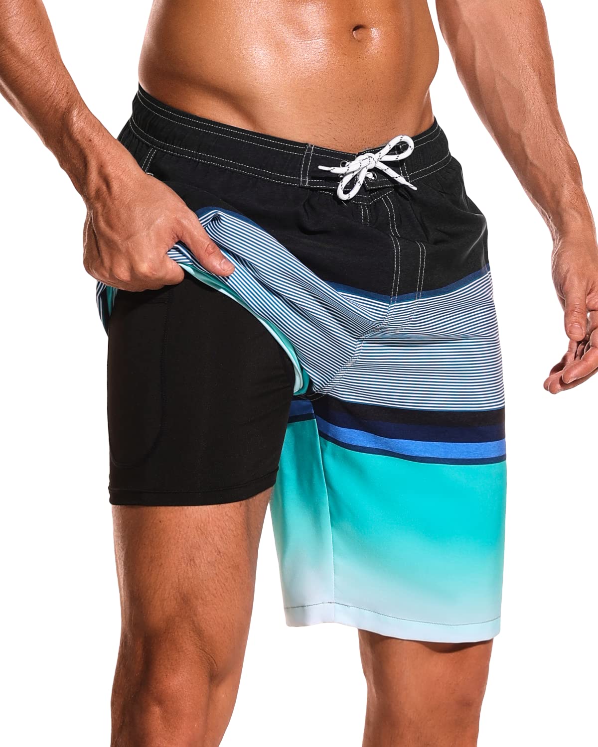 SILKWORLD Mens Swim Trunks with Compression Liner 9" Beach Board Shorts Men 2 in 1 Quick Dry Bathing Suit with Pockets, Black+blue, M