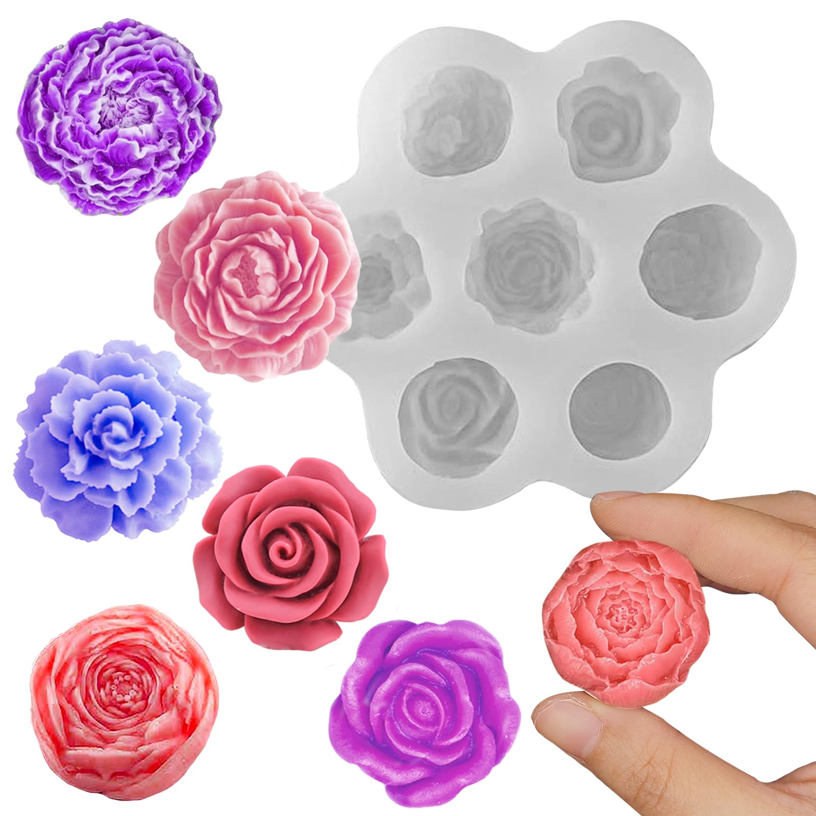 Wehous Flower Molds Silicone, 7 Cavity Rose Peony Fondant Mold for Jelly Chocolate Cake Decorating, 3D Candle Soap Silicone Mold Floral Epoxy Resin Casting Clay Mould Handmade Art Craft Accessories