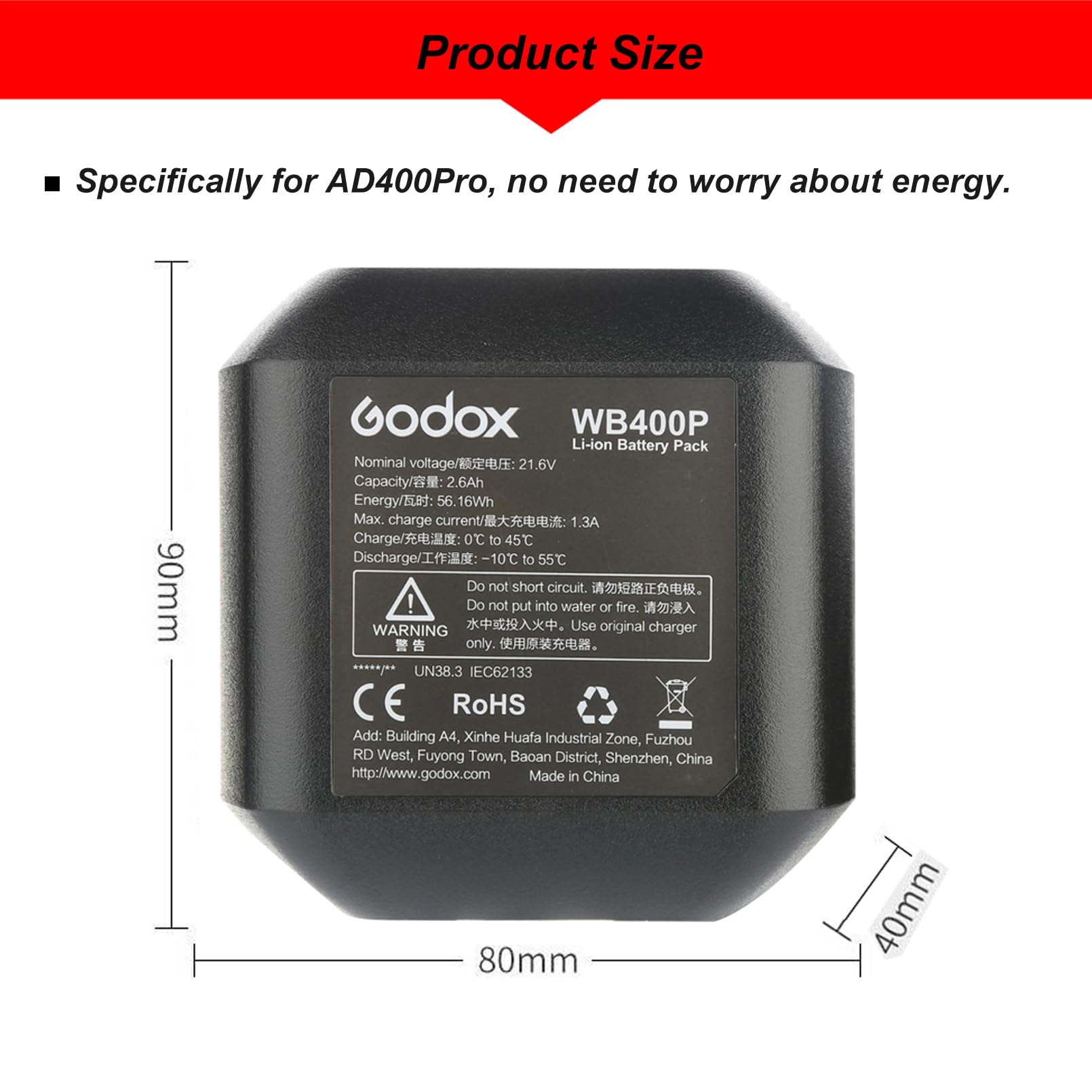 GODOX WB400P Batterie au Lithium de Remplacement pour Godox AD400 Pro Flash, 21.6V/2600mAh 56.16Wh Batterie de Réserve, Batterie Li-ION Rechargeable pour Godox AD400Pro Flash de Studio