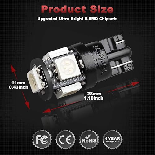 Miniatura 7 de Yorkim - 194 bombillas led T10 de 6000 K, color blanco superbrillante, bombillas para luz de matrícula y luz lateral de automóvil