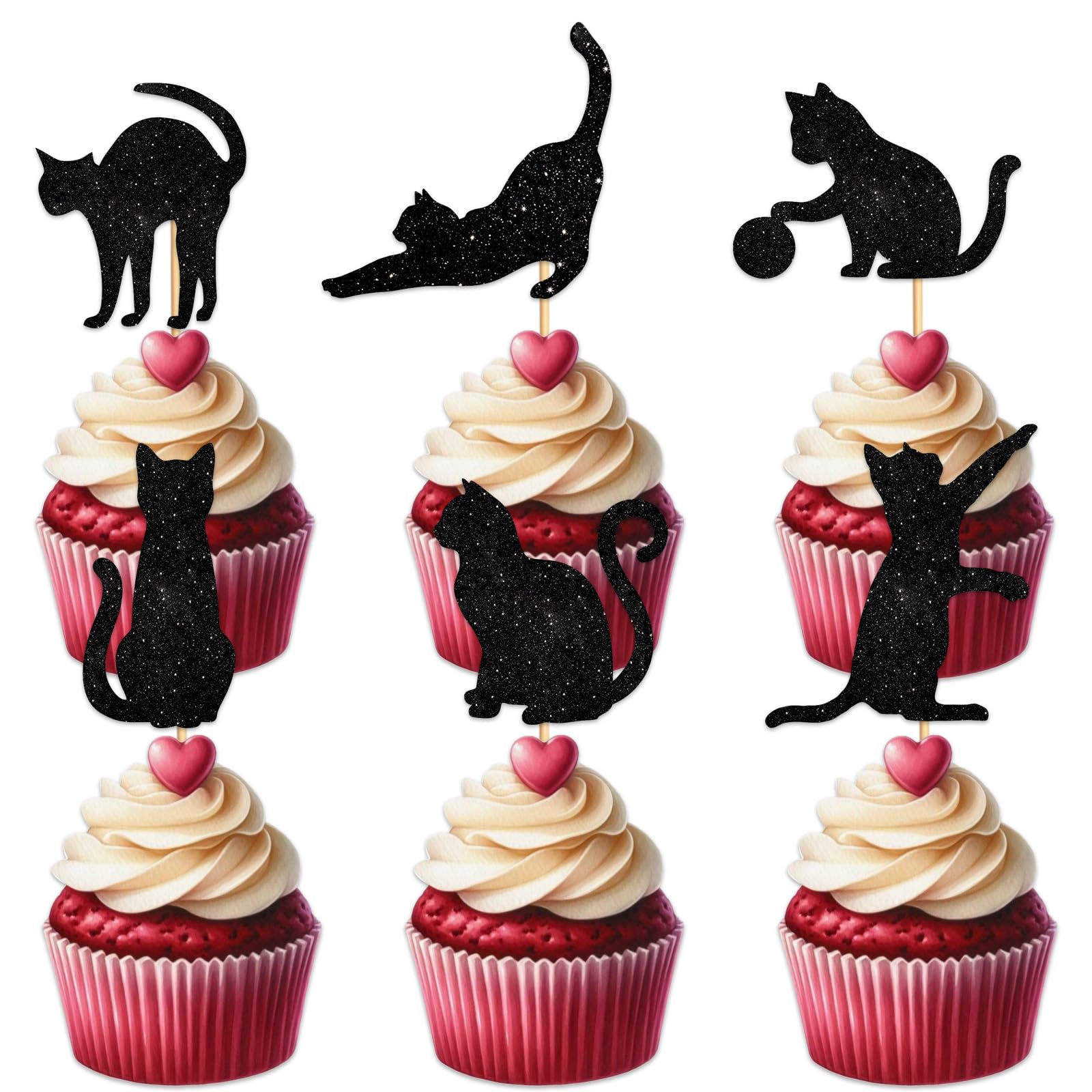 Cupcake Topper for Cute Pet Cat Theme Party Favors Decorations Men Women Kids Happy Birthday Baby Shower Party Decor Supplies set 18pcs Black Glitter