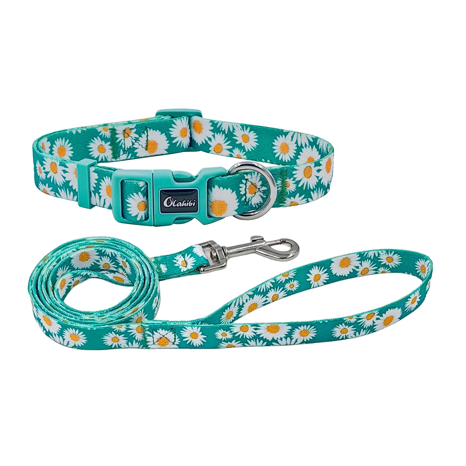 Olahibi Dog Collar and Leash Set, Cute Daisy Pattern, Polyester Material, 5ft Leash, for Small Dogs.(Small,Green Daisy)