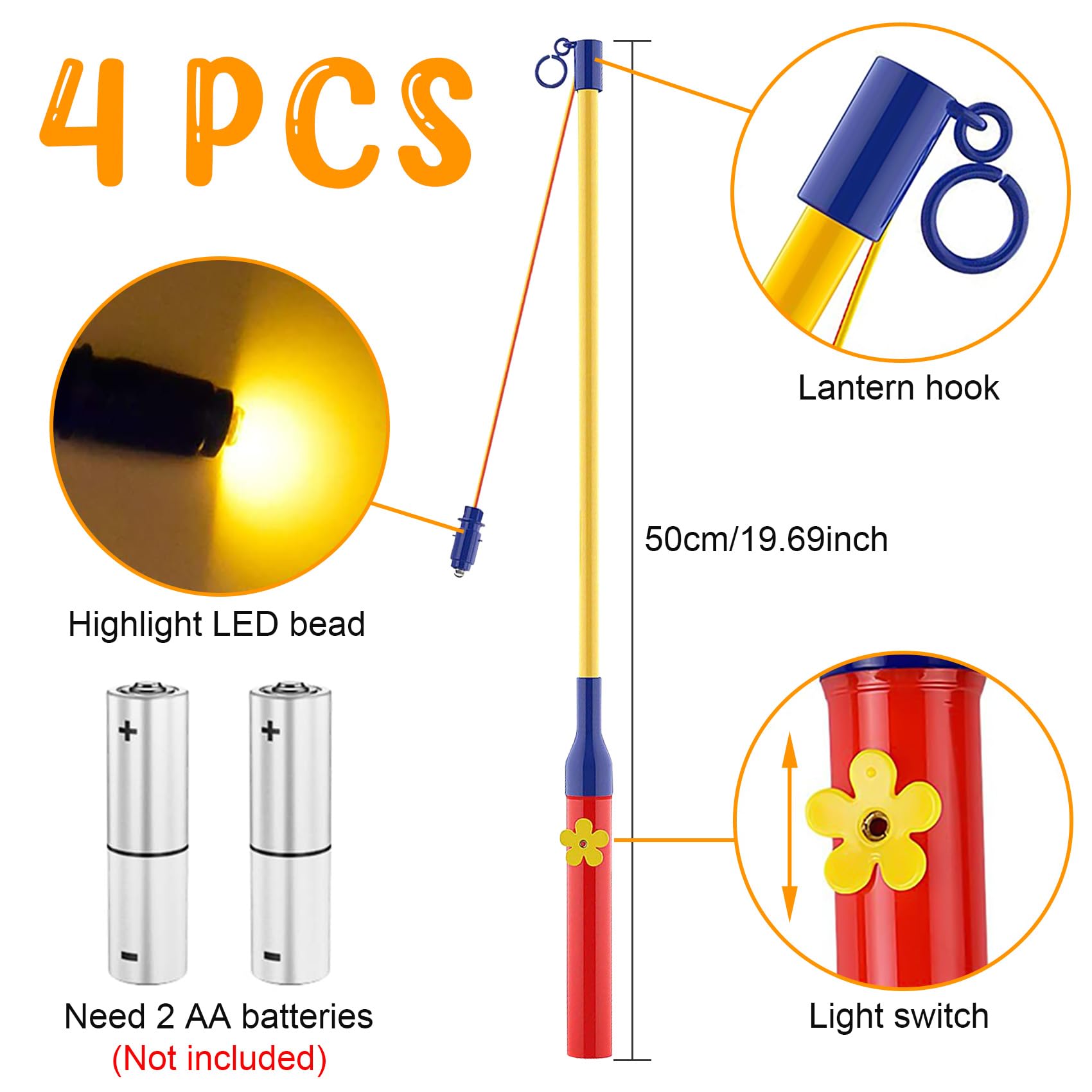 WDKXCN LED-Laternenstab - 6 Stück Mit 8 Farb-LEDs, 50cm Für Laternenumzüge