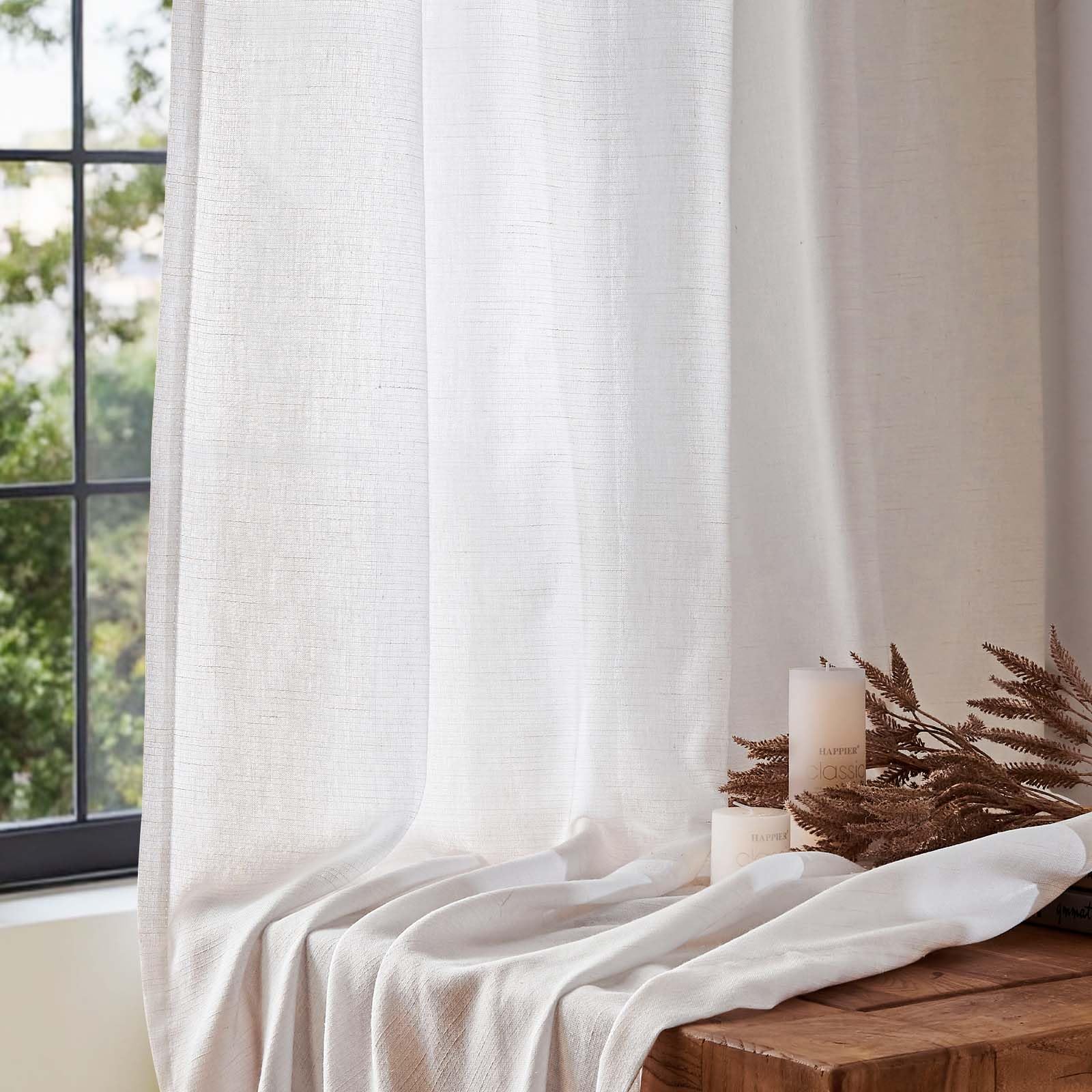 TOPICK Tendaggi con nastro arricciato in lino per soggiorno e camera da letto, tende semi-trasparenti per sistema a binario, stile country, tende con passanti nascosti, set da 2, 140x245 cm