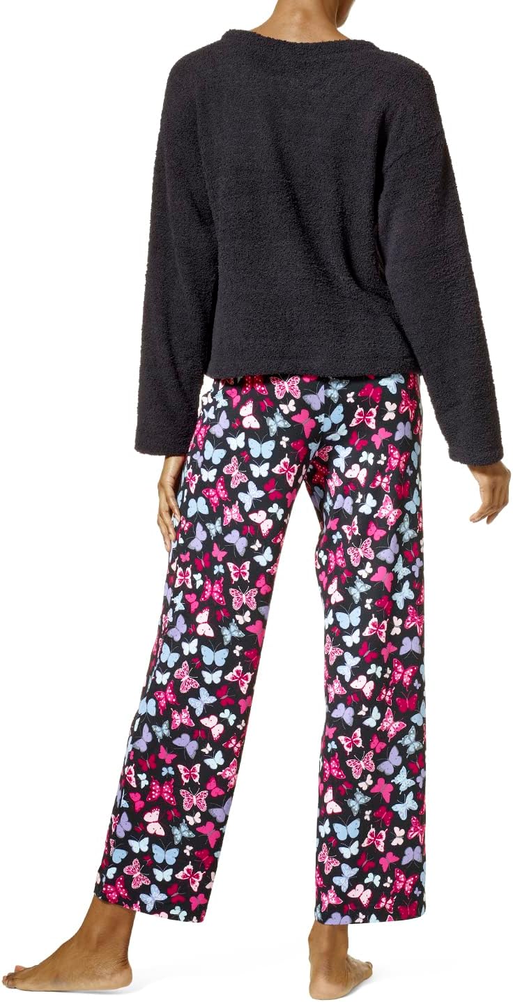 HUE womens Fluffy Chenille Long Sleeve Top and Pant 2 Piece Pajama Set - Image 2