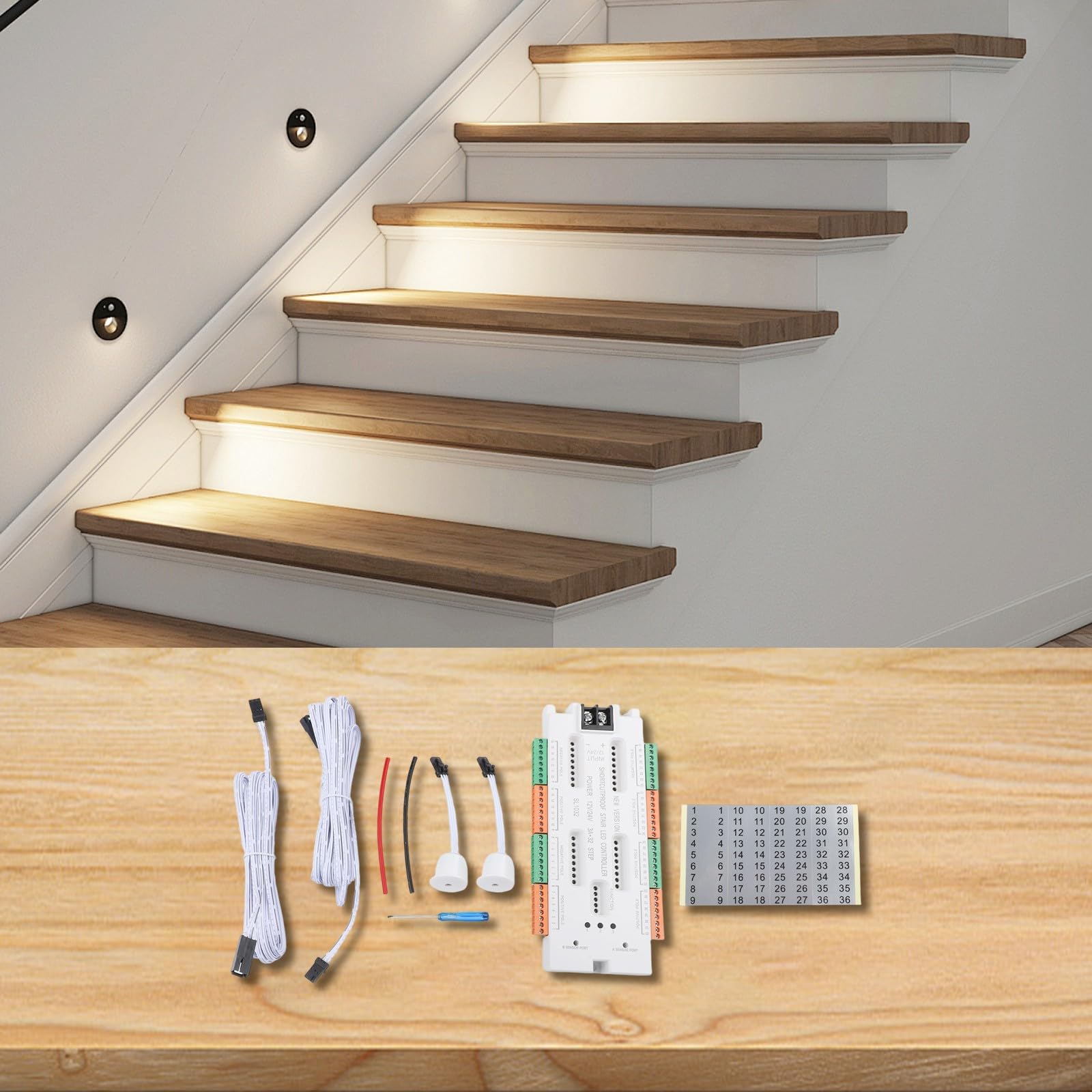32-Channel Staircase LED Motion Sensor Controller for 12V–24V DC LED Strips, with AB Dual-Sensor Logic & Short-Circuit Protection, White ABS Housing