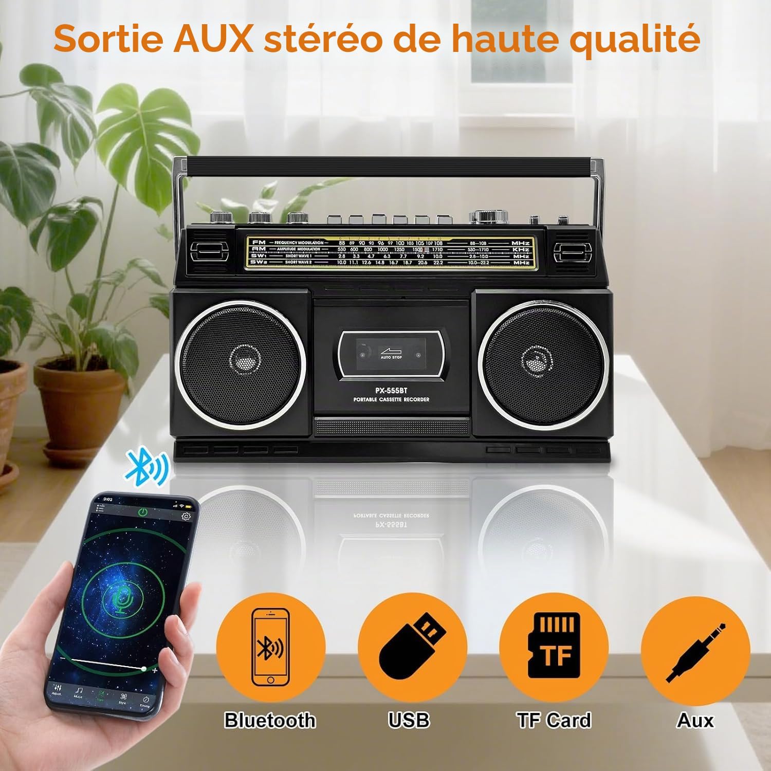 Lecteur de Cassettes avec Bluetooth et Radio (AM/FM/SW) | Numérisation des Cassettes sur USB | Son Stéréo, 10W, Lecture USB/TF, Alimentation Secteur/Pile, Prise Casque