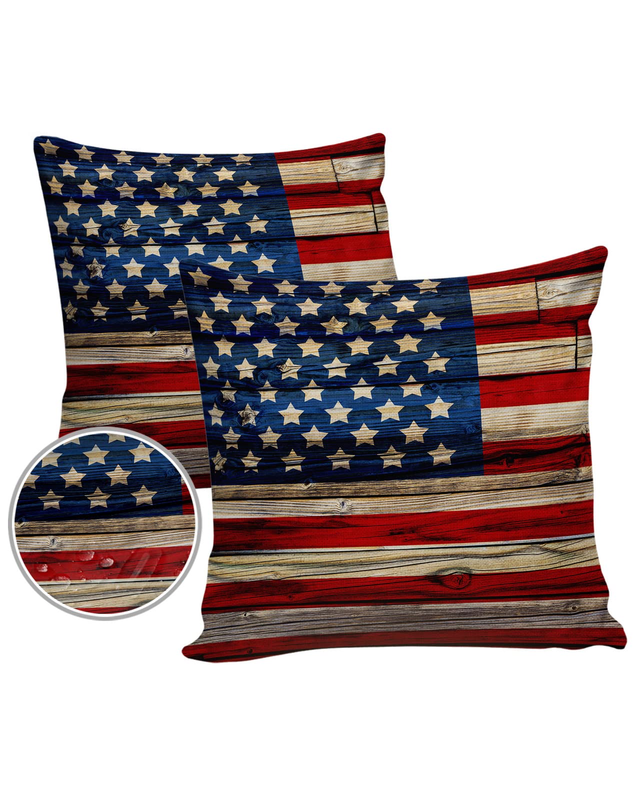Outdoor Pillow Covers 18 x 18 Inches, 4th of July Waterproof Pillow Protector Set of 2 Throw Pillowcases Cover, Vintage American Flag Red Striped Square Cushion Covers for Patio/Tent/Couch/Garden