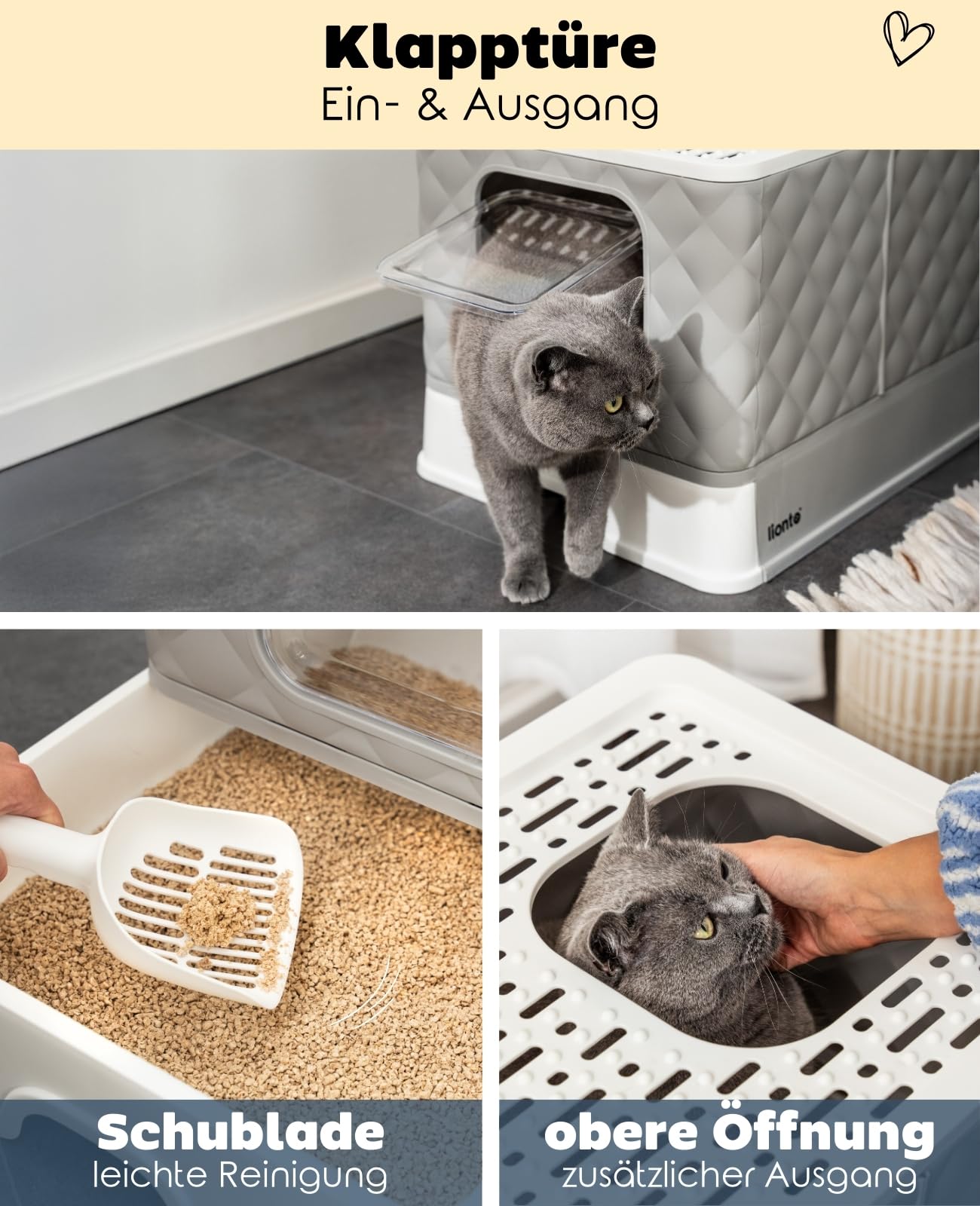 lionto Katzentoilette mit Schublade & Schaufel, 50,5x40,8x37 cm, Katzenklo mit 2 Ausgängen & auslaufsicherem Boden, für Katzen bis 15 kg, faltbar, langlebiges PP-Material, weiß-grau
